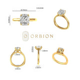 Dimension sheet showing elongated cushion solitaire measurements, band width, and height.