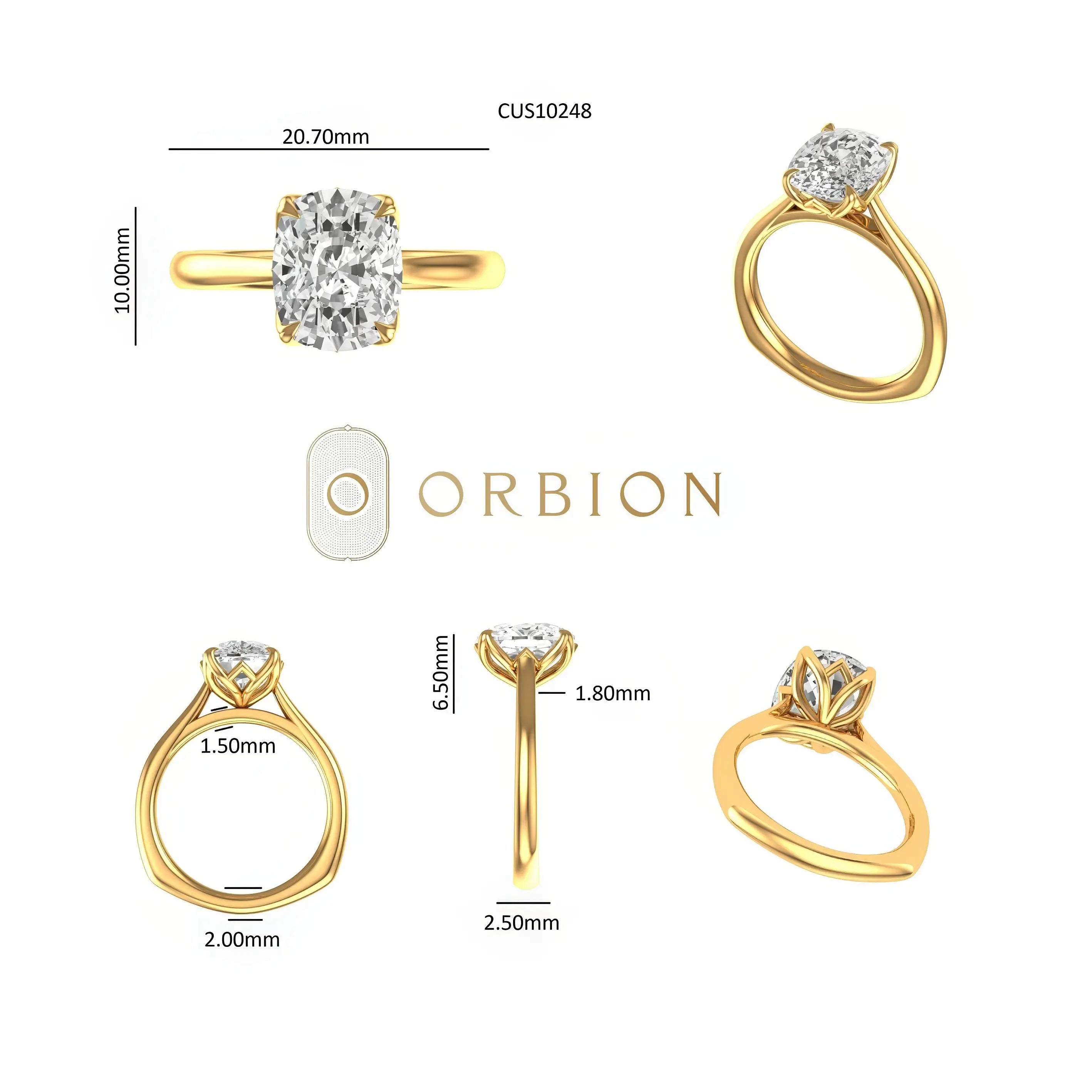 Dimension sheet showing elongated cushion solitaire measurements, band width, and height.