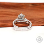 View of the back of the elongated cushion Moissanite ring, showing the detailed shank and side stones