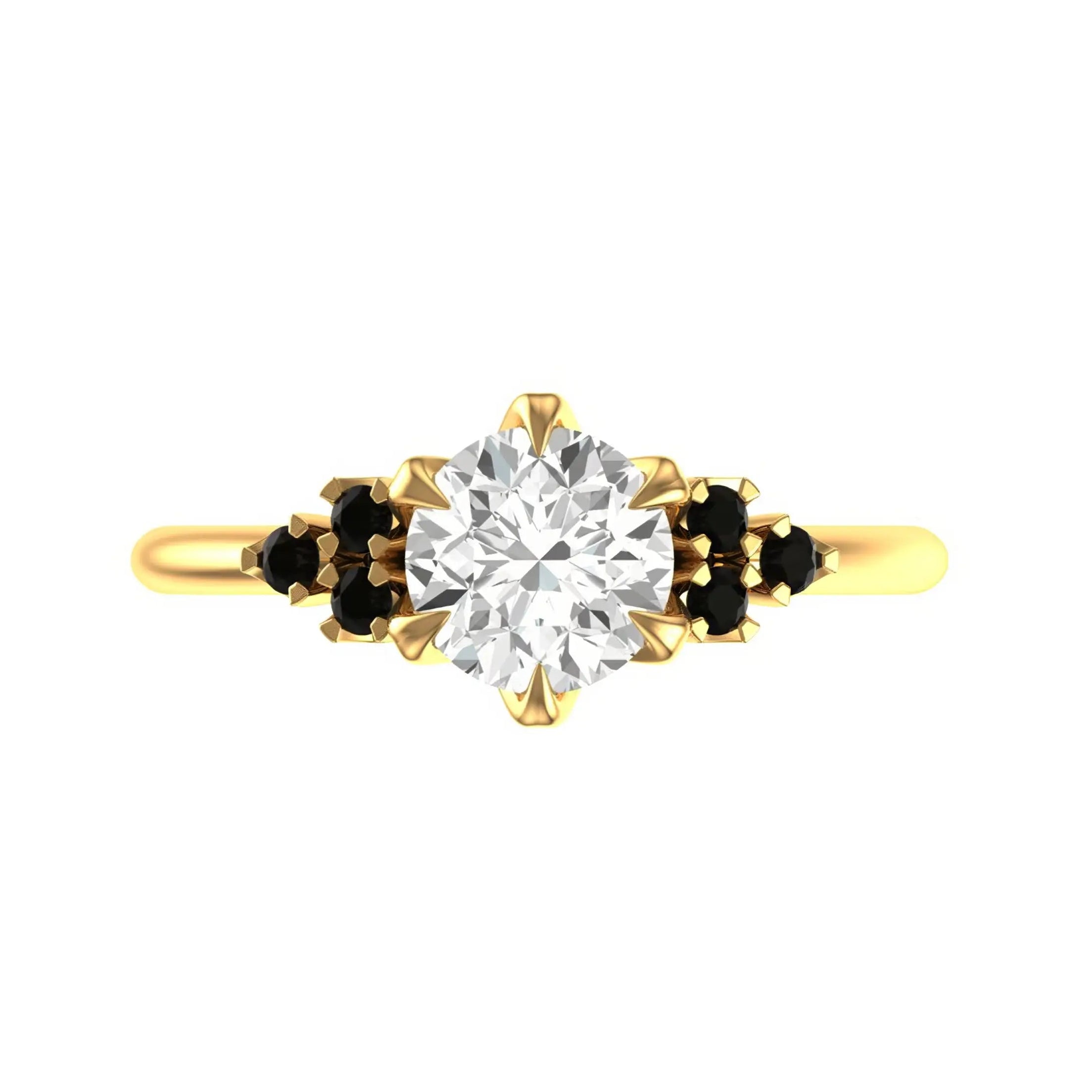 Round OEC center with black moissanite clusters in yellow gold.