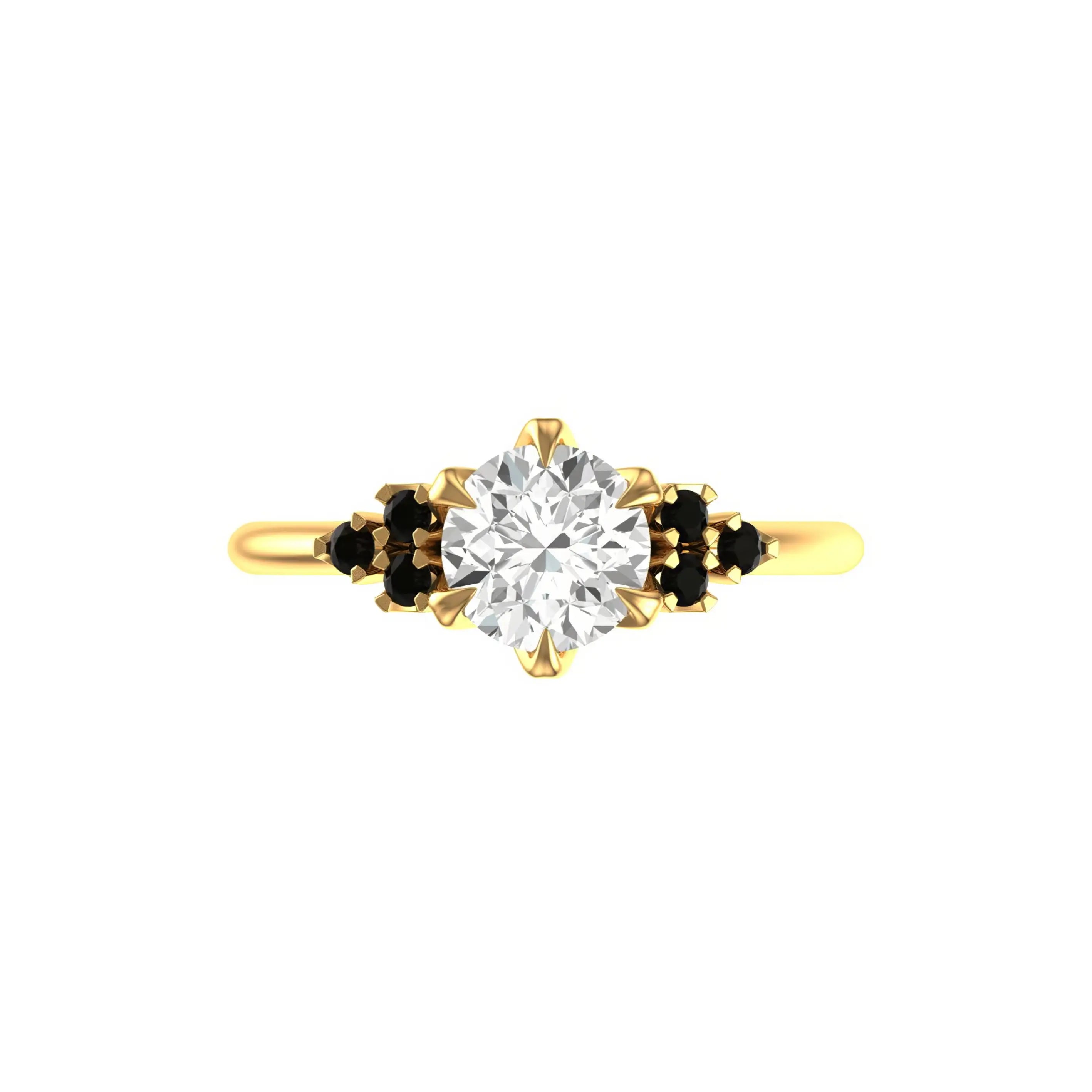 Round OEC center with black moissanite clusters in yellow gold.