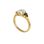 Angled view of cluster engagement ring with raised vintage style setting.