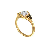 Angled view of cluster engagement ring with raised vintage style setting.