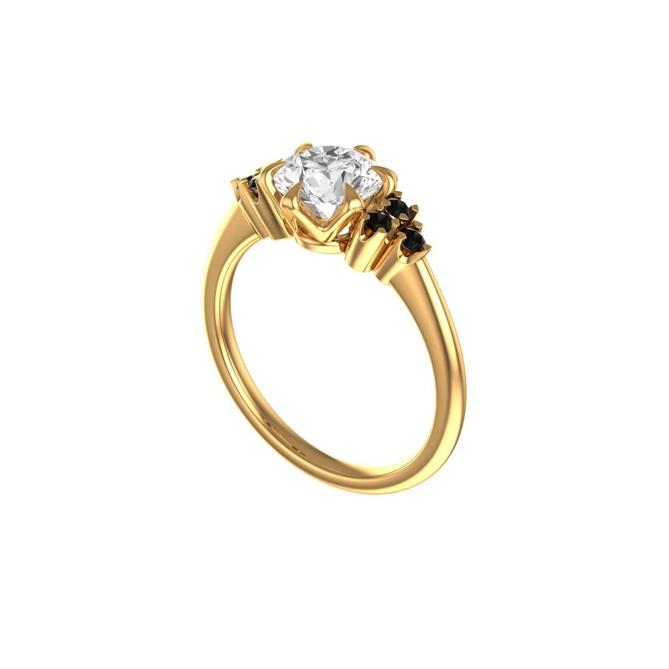 Angled view of cluster engagement ring with raised vintage style setting.