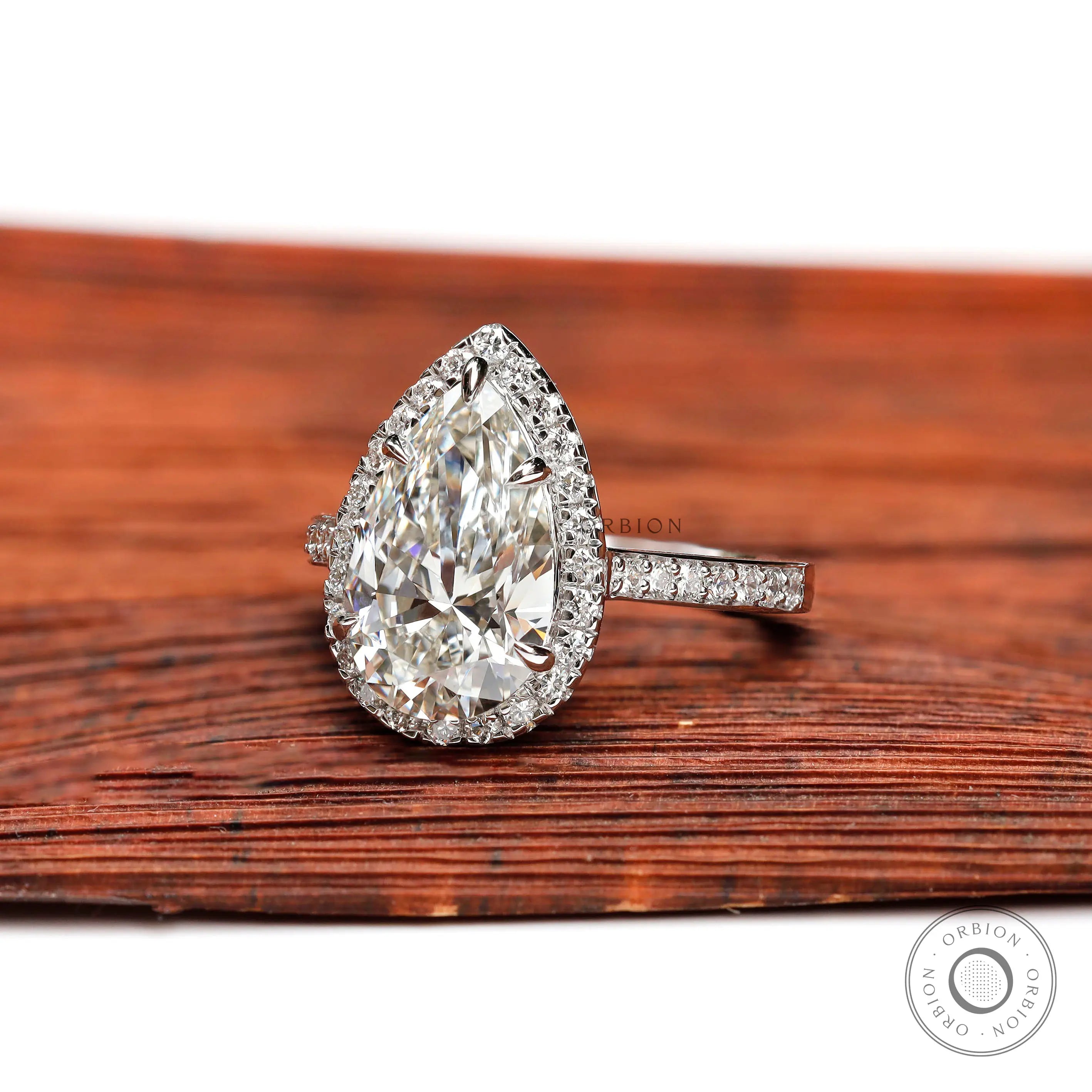 Rear view of pear diamond halo ring showing undergallery details