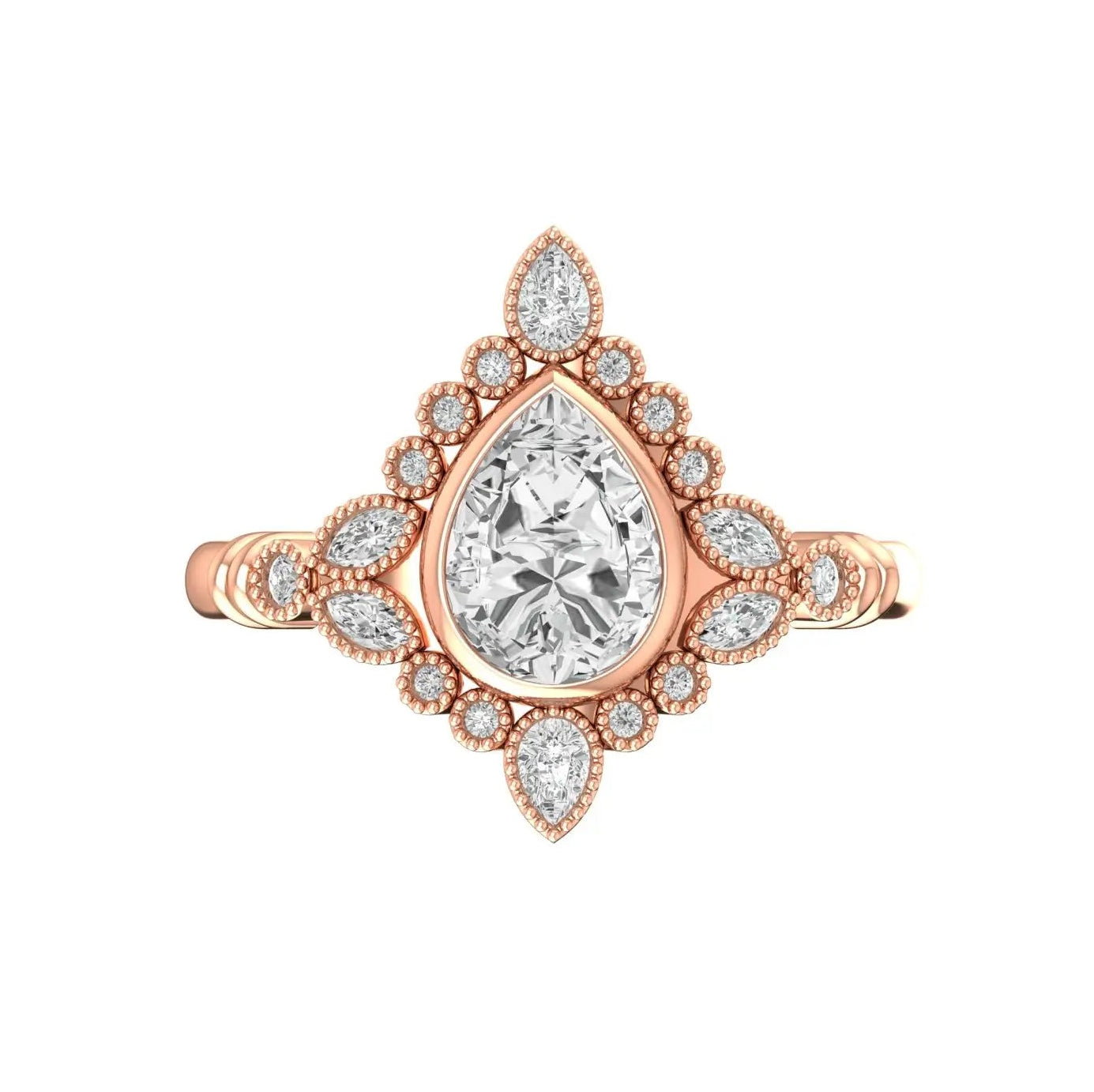 Vintage pear rose cut moissanite art deco cluster engagement ring in 14k rose gold