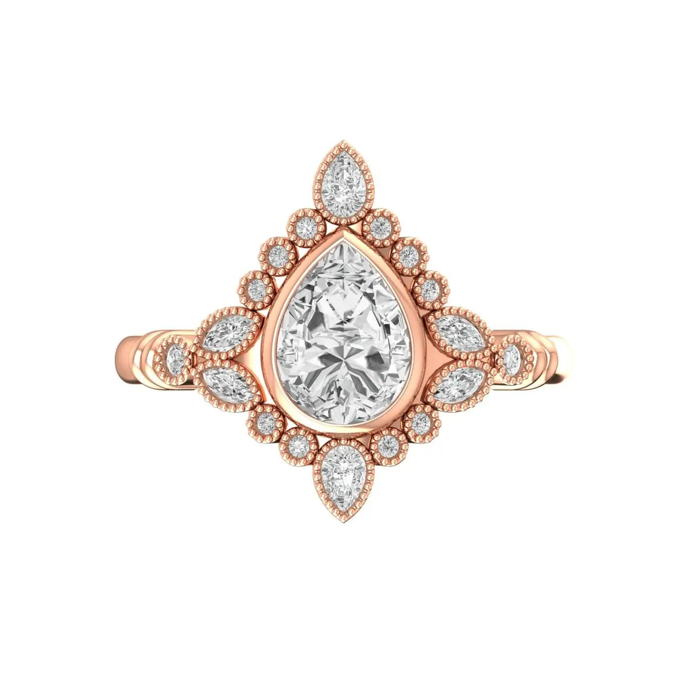 Vintage pear rose cut moissanite art deco cluster engagement ring in 14k rose gold