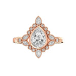 Vintage pear rose cut moissanite art deco cluster engagement ring in 14k rose gold