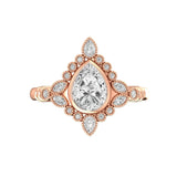 Vintage pear rose cut moissanite art deco cluster engagement ring in 14k rose gold