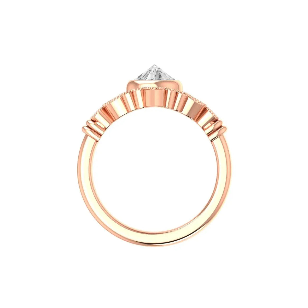 Pear shaped rose cut moissanite ring with marquise and round diamond halo