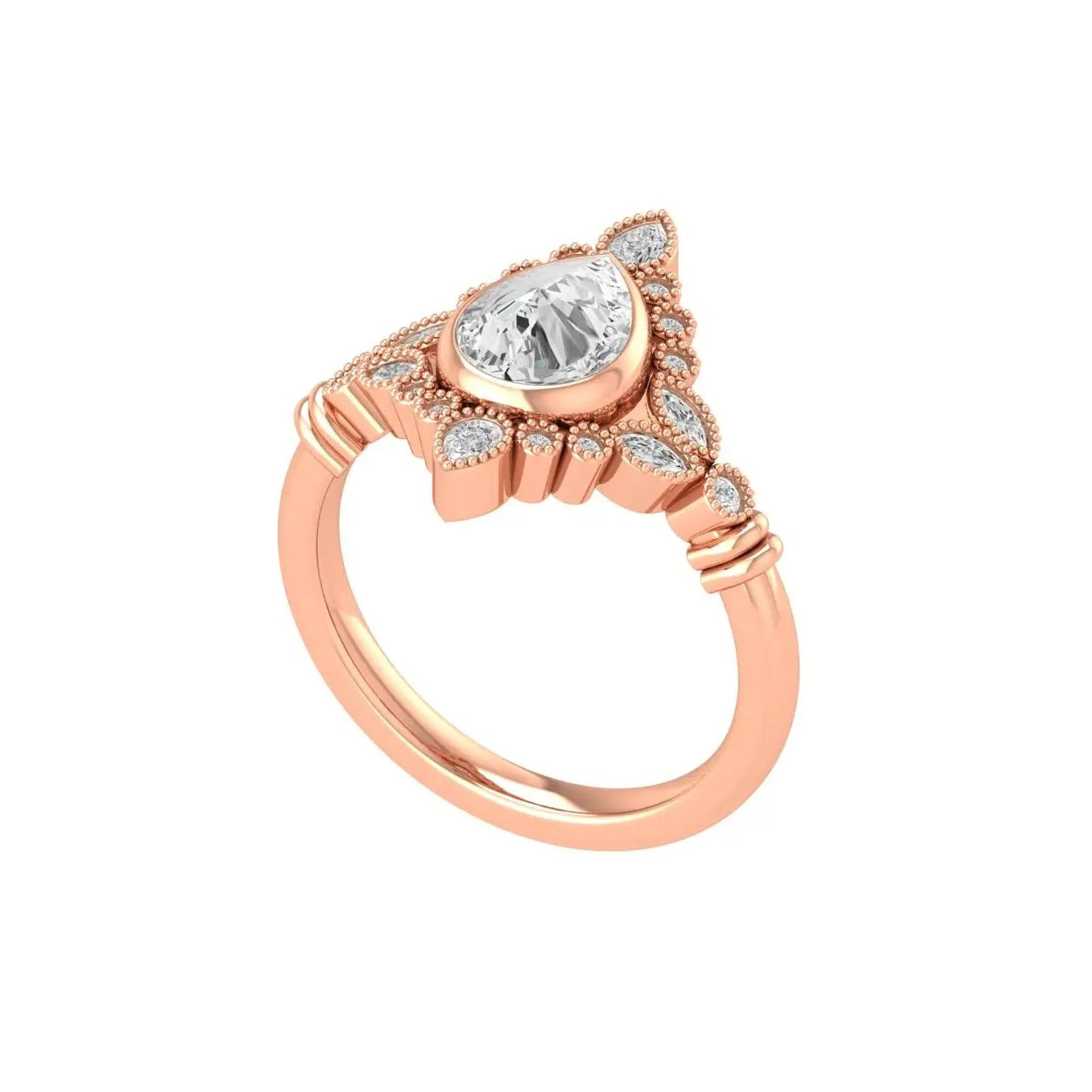 Rose cut pear moissanite engagement ring with marquise pear and round accents