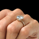 Top view on hand showing bold round solitaire finger coverage.