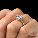 Top view on hand showing bold round solitaire finger coverage.