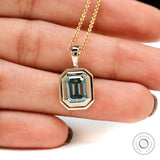 Solid gold emerald shaped teal moissanite solitaire pendant glossy finish