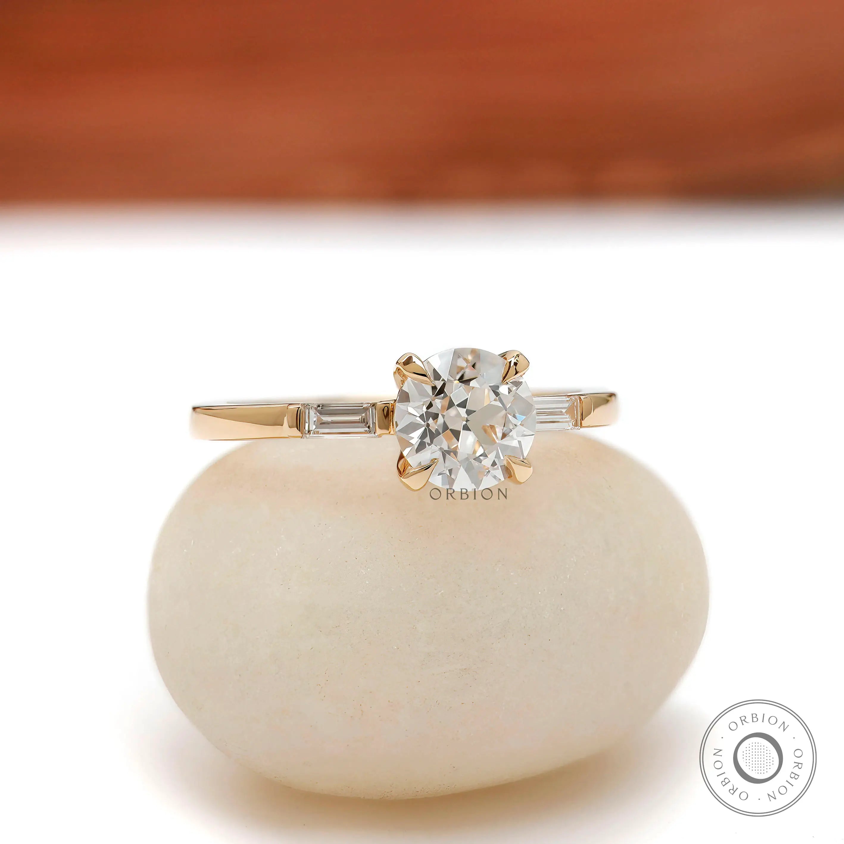 Vintage inspired round lab diamond ring with baguette accents