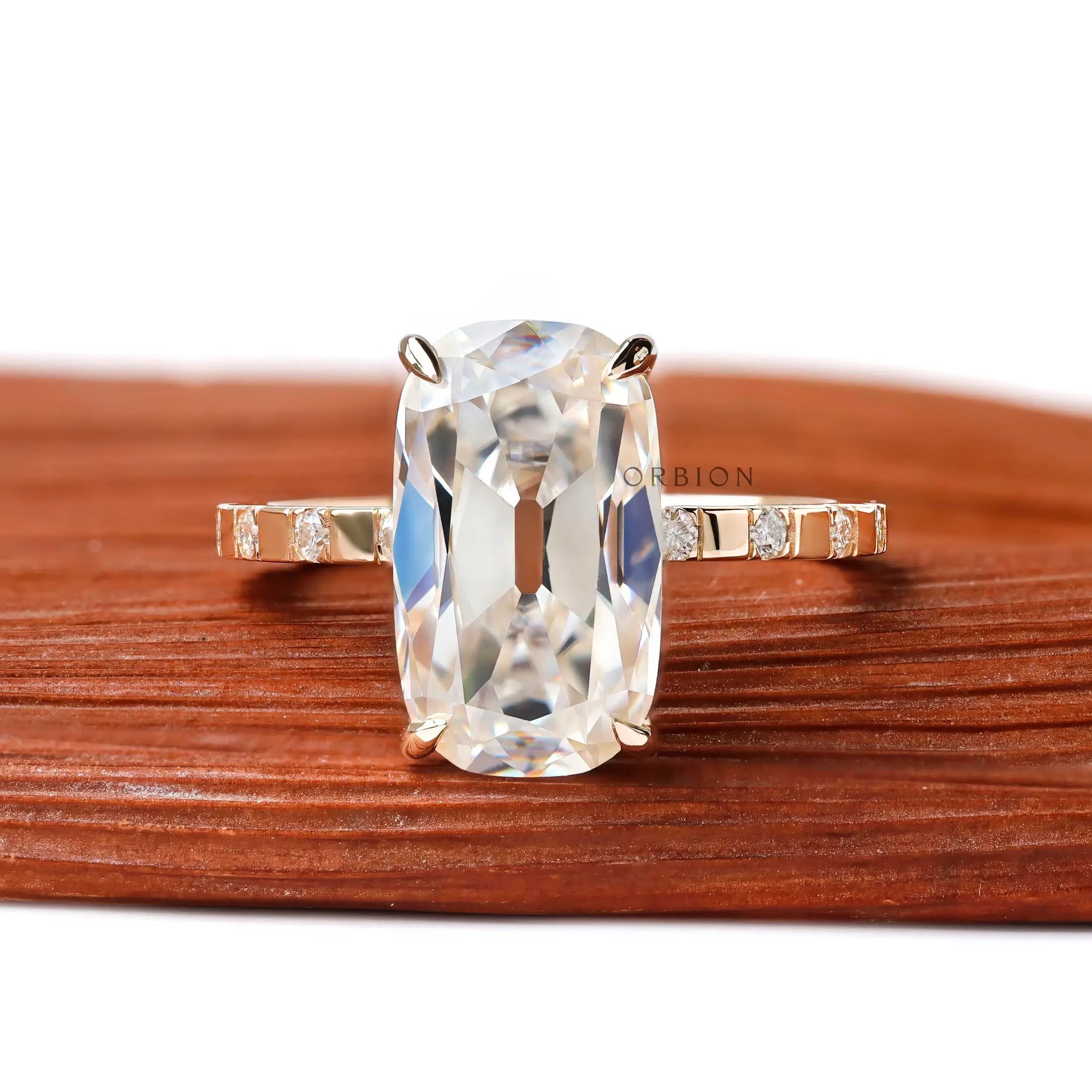 Elongated cushion old mine cut moissanite ring front view