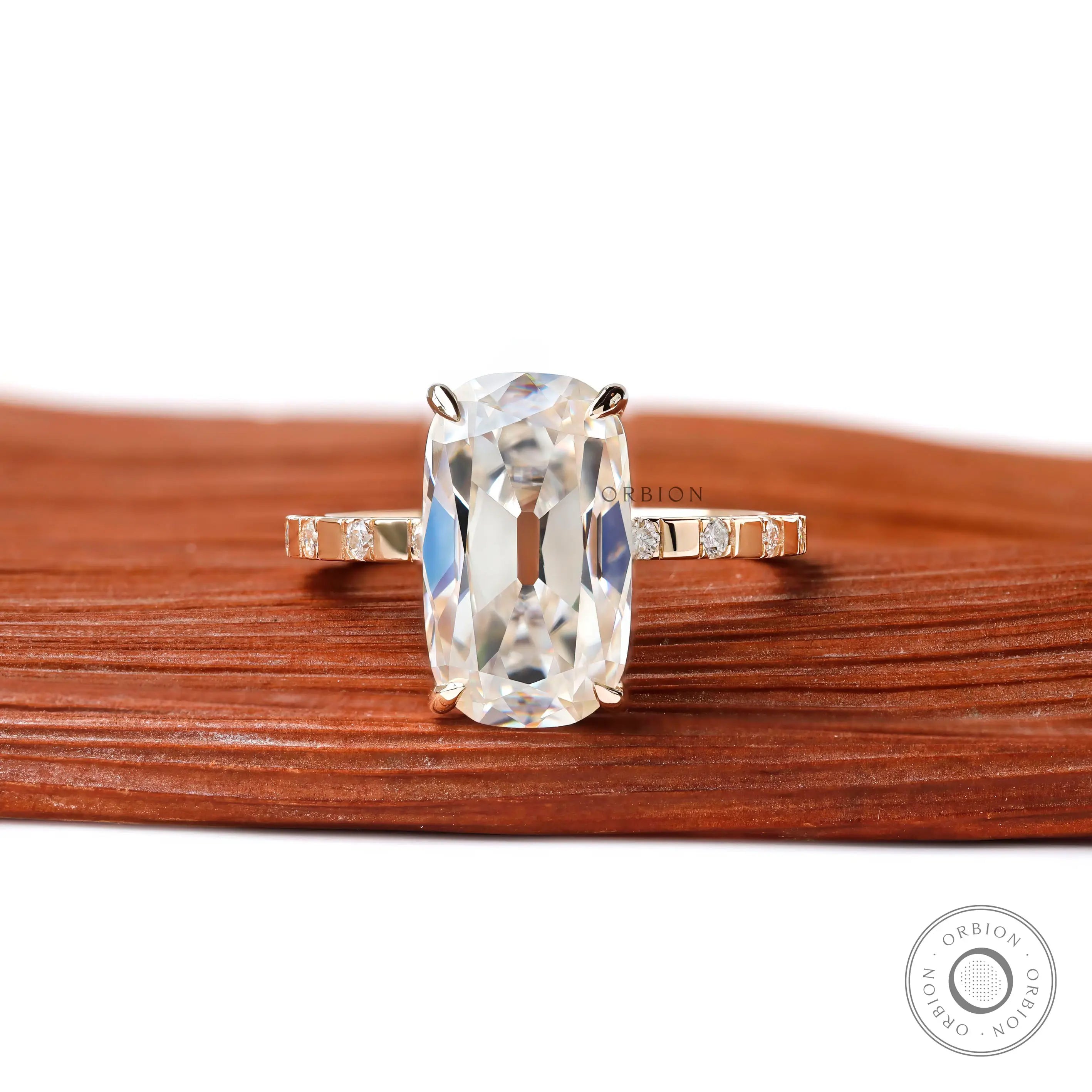 Elongated cushion old mine cut moissanite ring front view