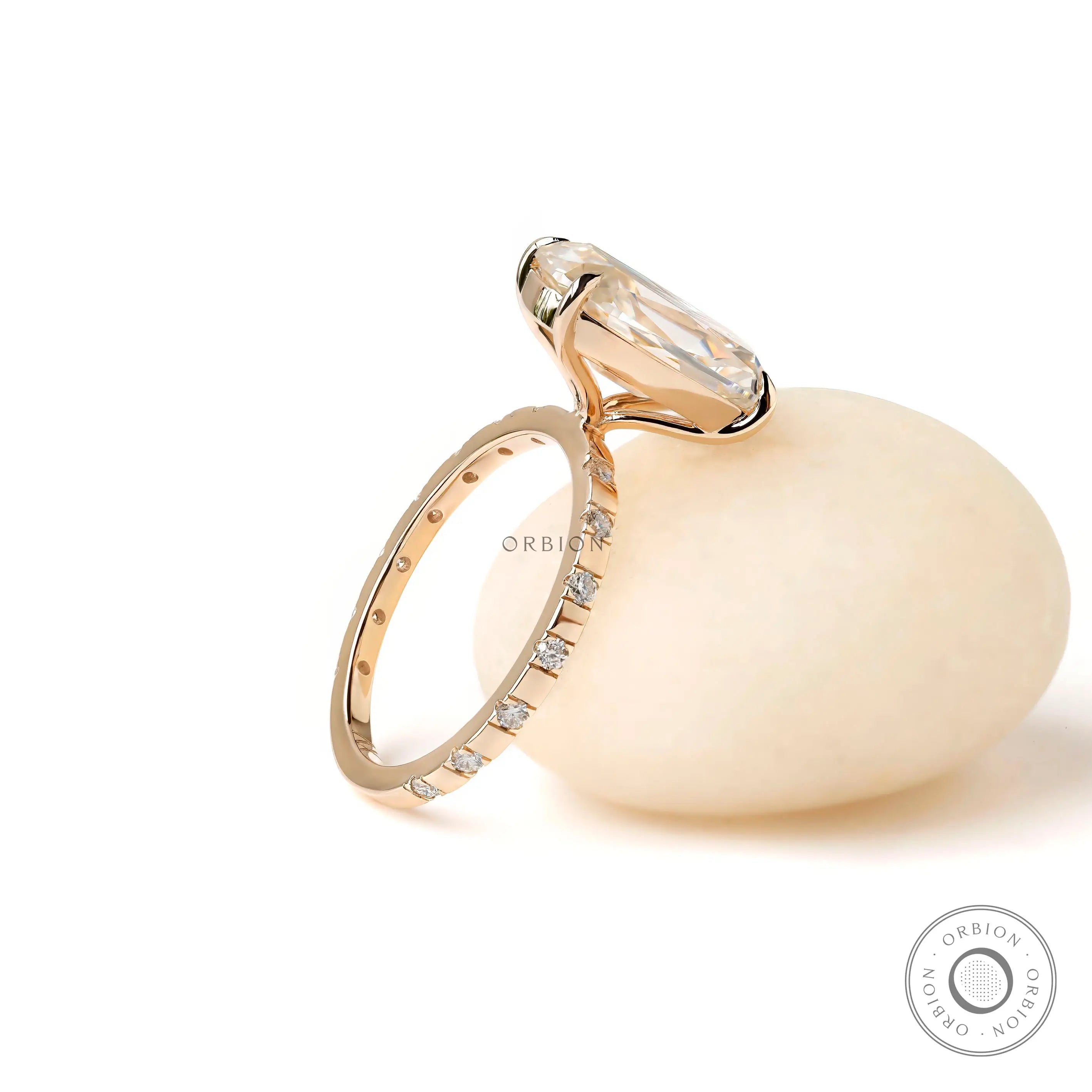 Angled view showing elongated cushion moissanite brilliance