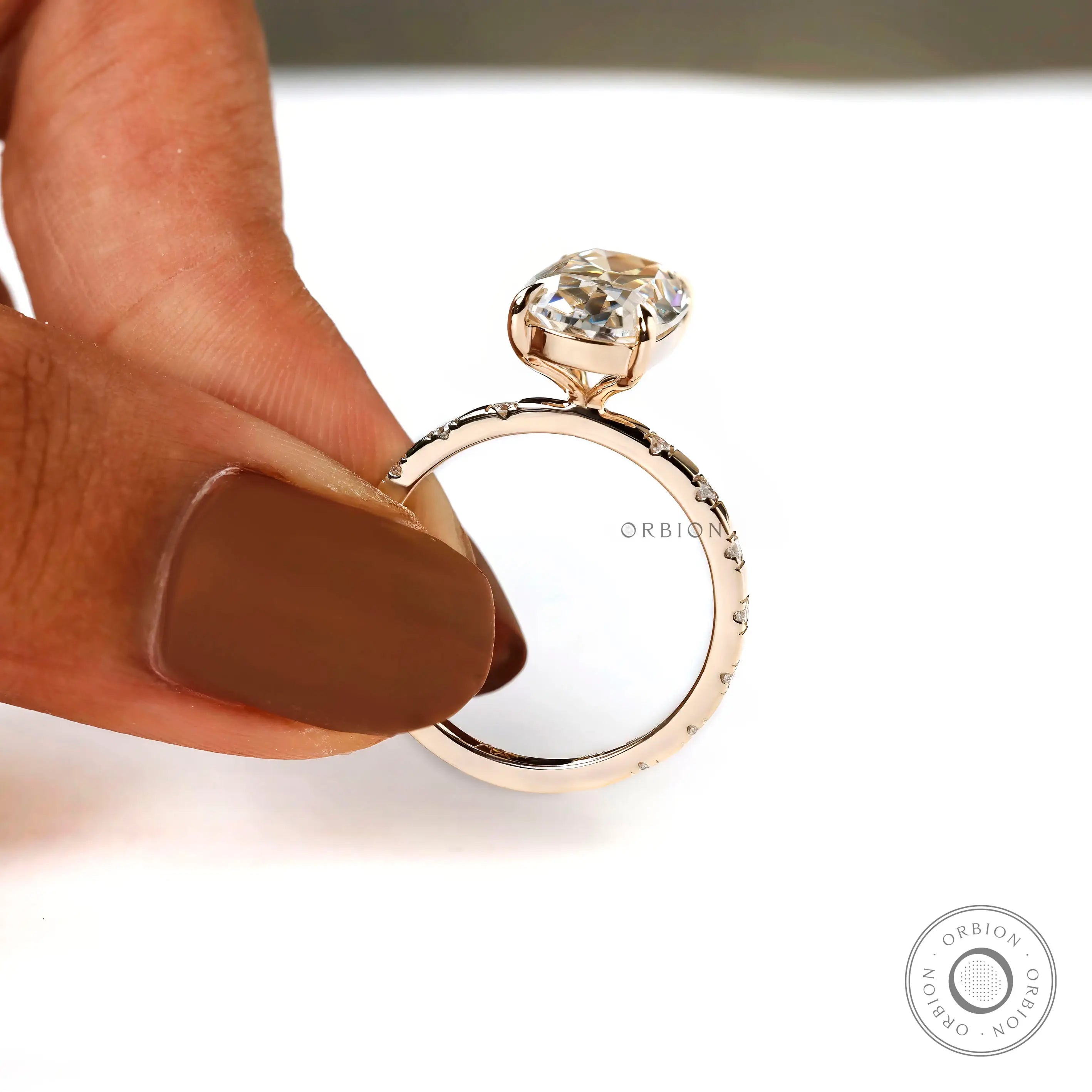 Close side view highlighting prong setting and band details