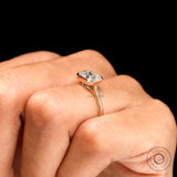 Asscher cut bezel cathedral solitaire ring worn perspective