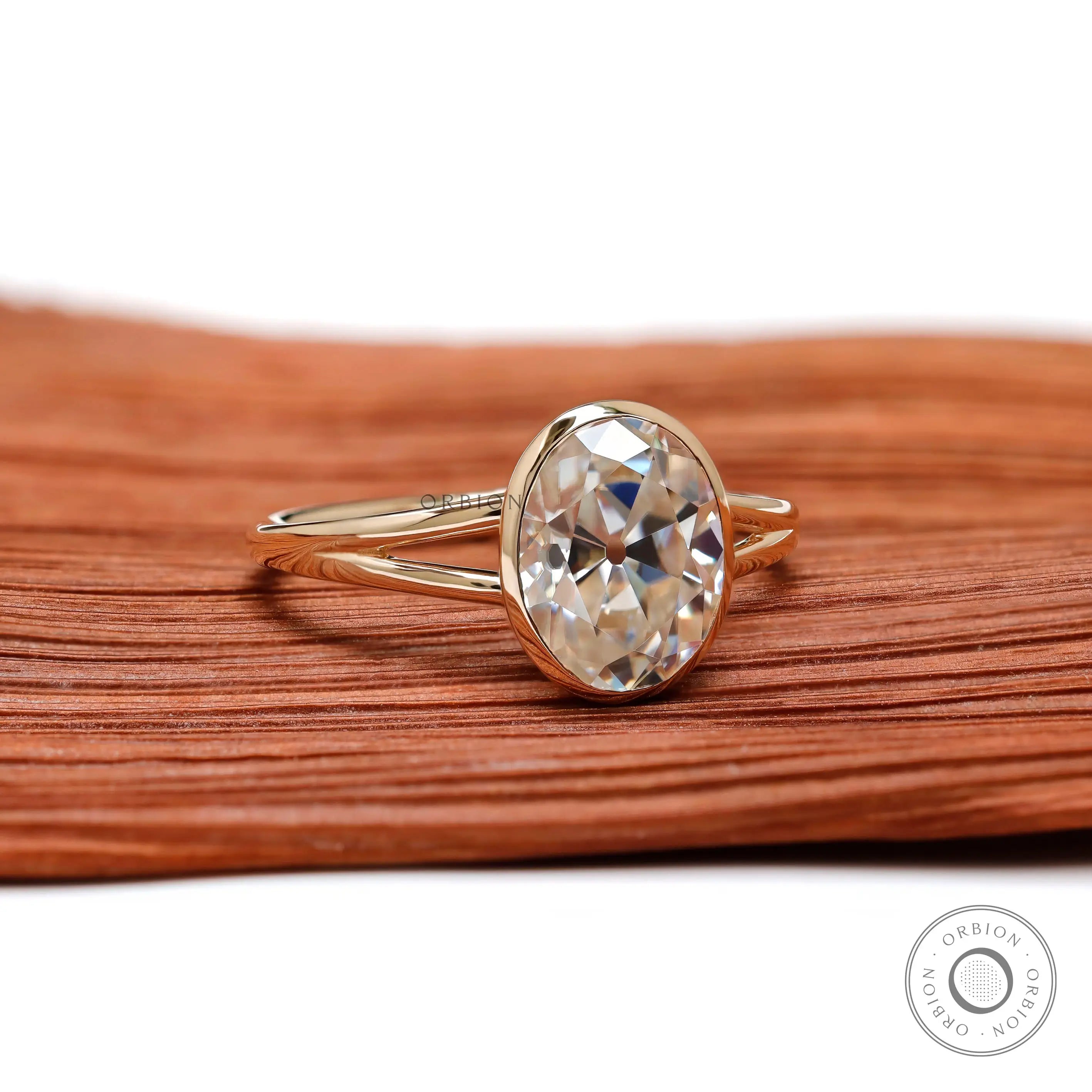 Oval Old Mine Cut moissanite angled bezel view