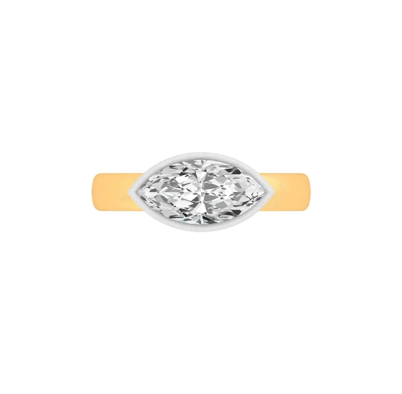 East west marquise cut solitaire engagement ring in two tone gold