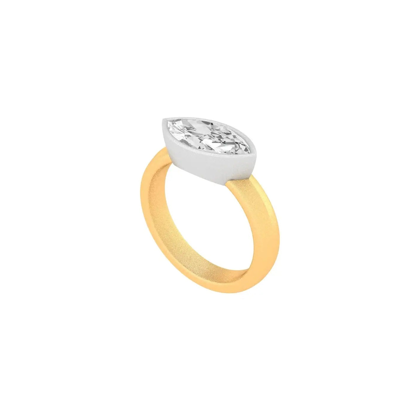 Thick band satin finish marquise cut moissanite ring dual tone gold