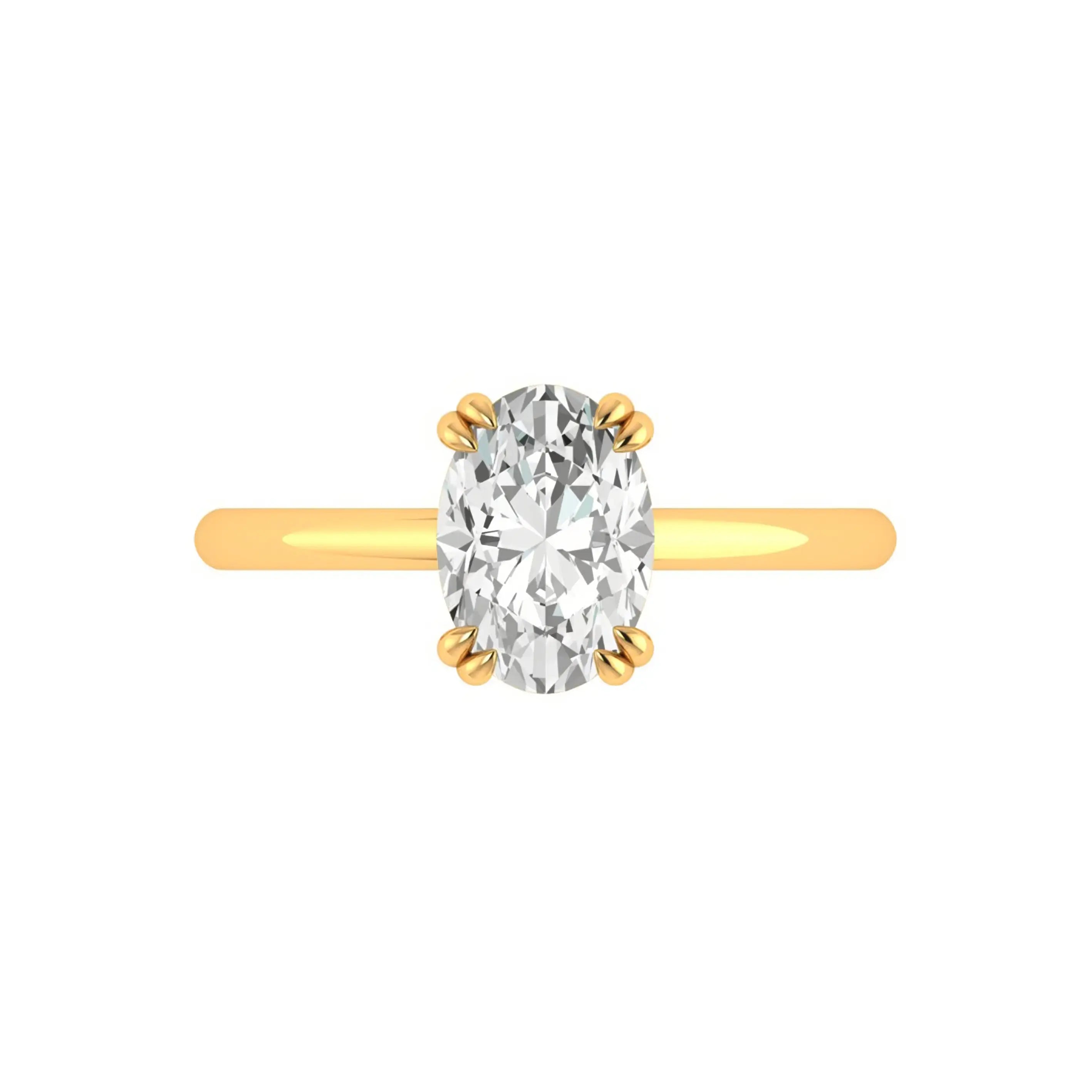 Top view oval moissanite solitaire ring in yellow gold