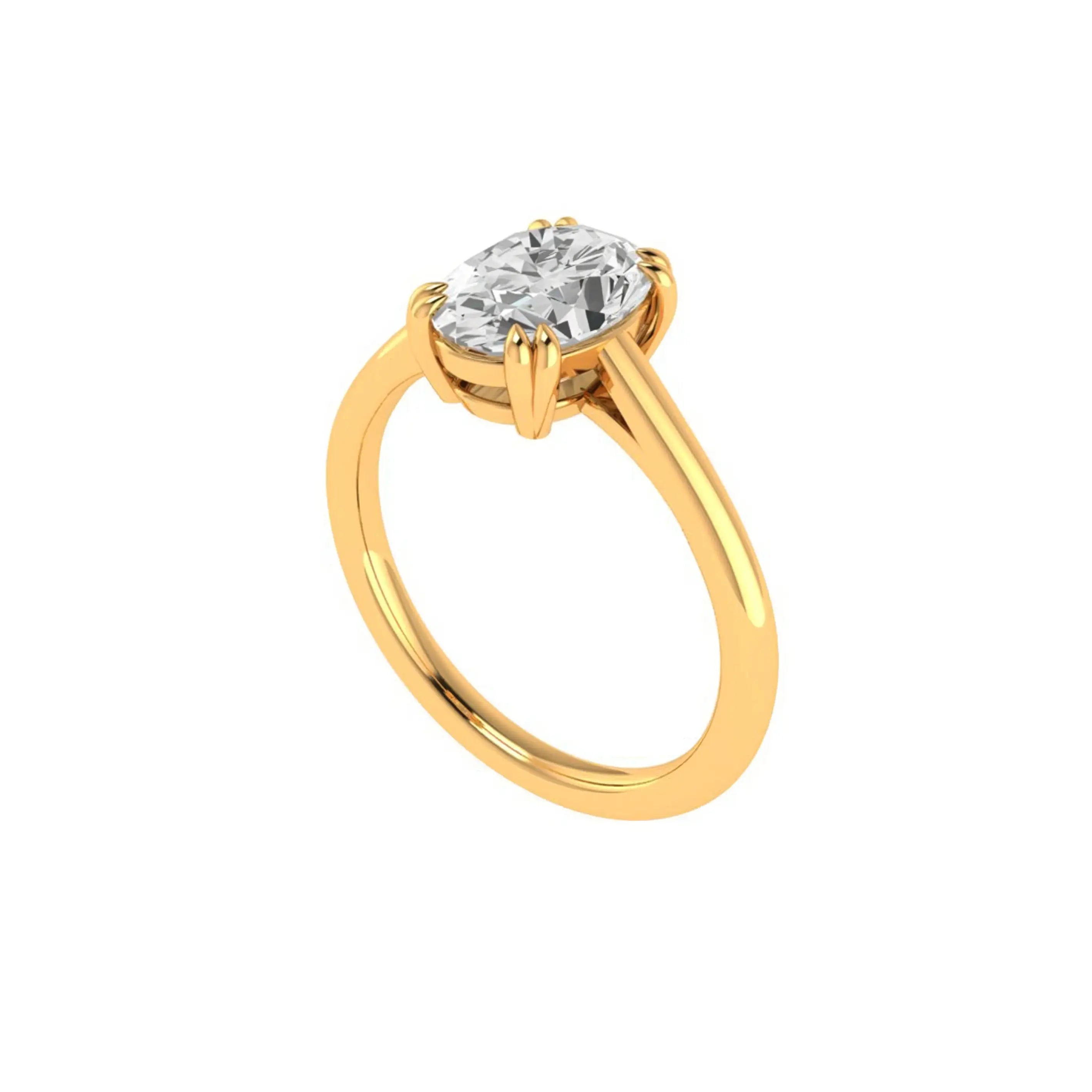 Angled cathedral solitaire showing double claw prongs oval moissanite
