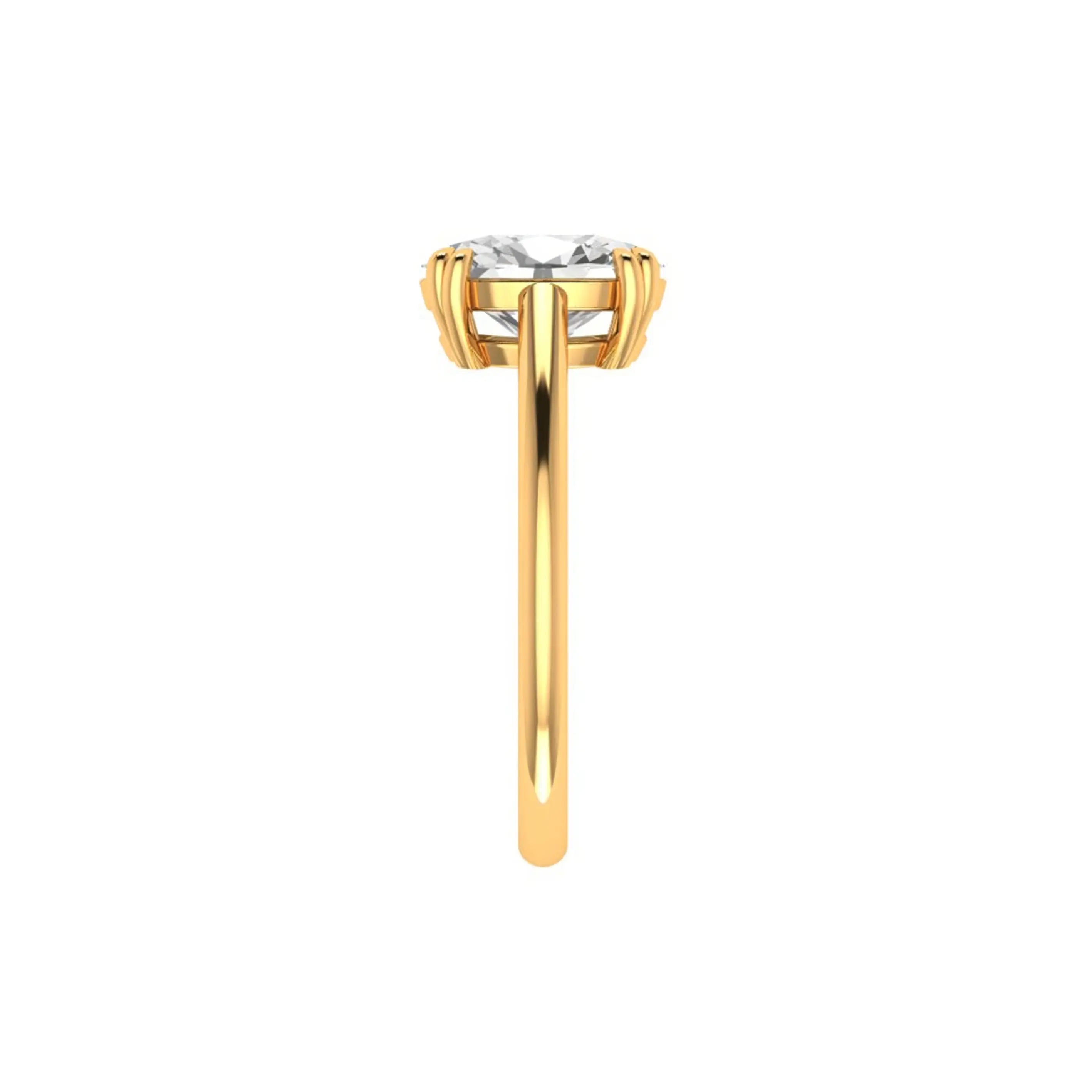 Side profile oval moissanite solitaire ring with slim yellow gold band