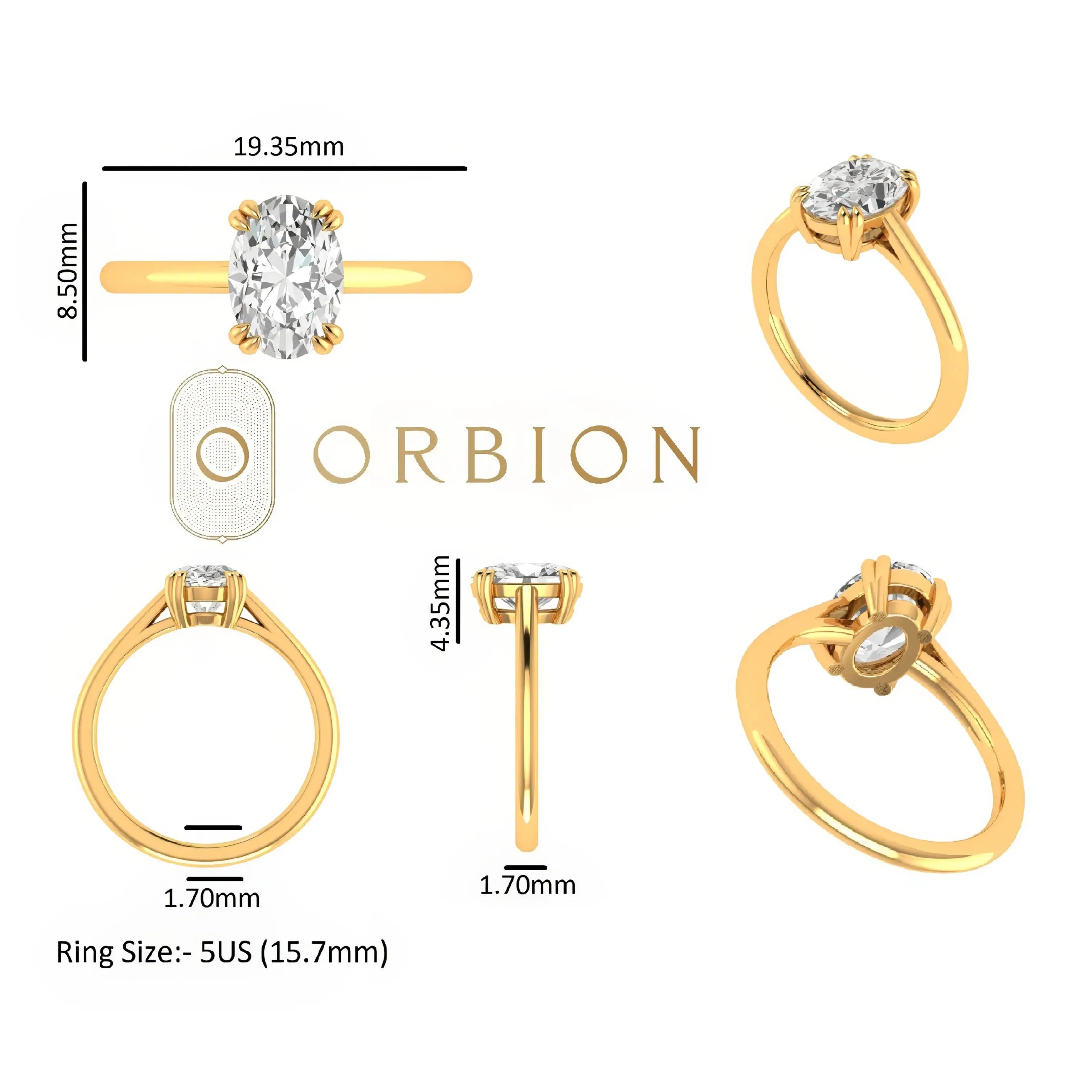 Ring dimensions chart with oval solitaire views and measurements