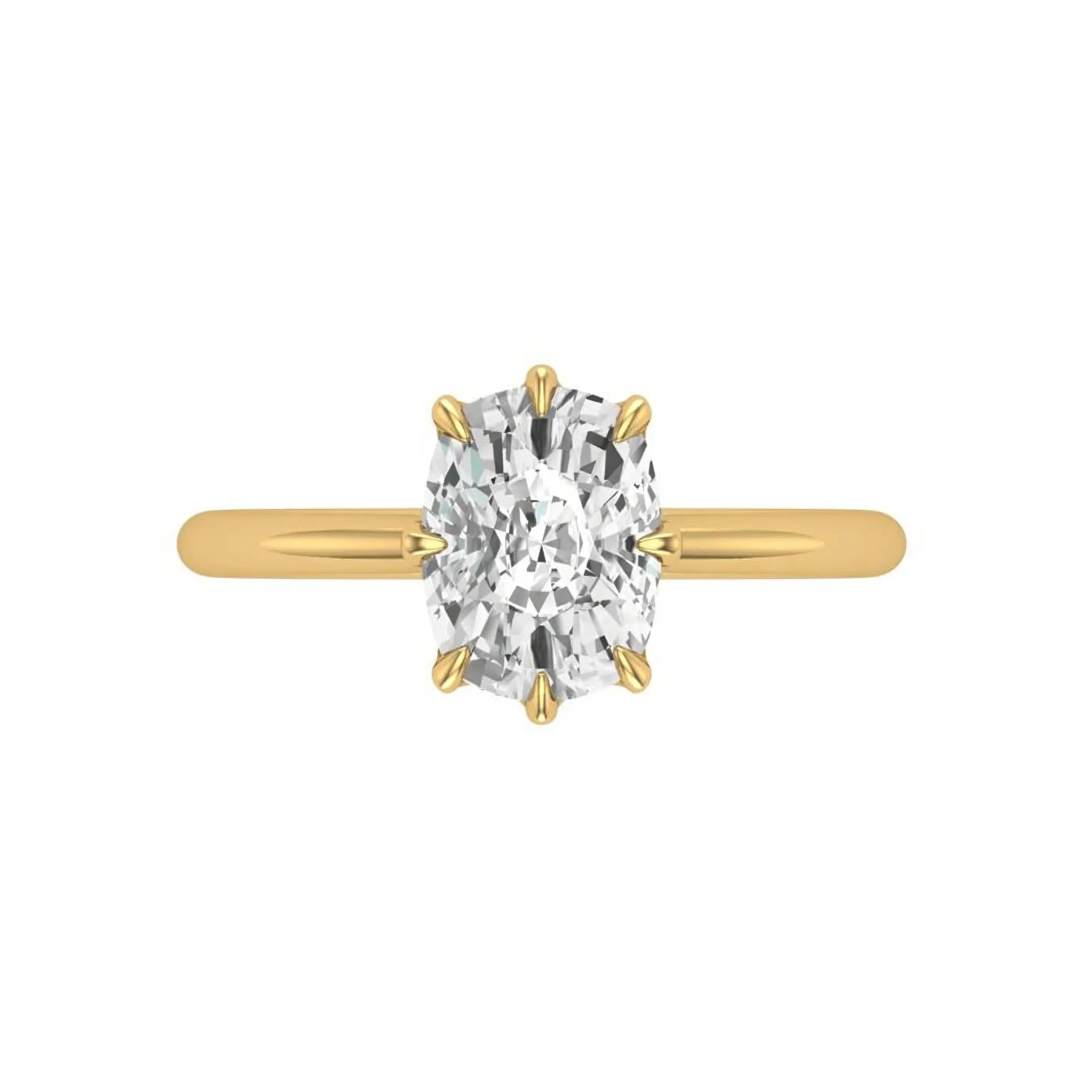 Top view vintage cushion eight prong solitaire in yellow gold