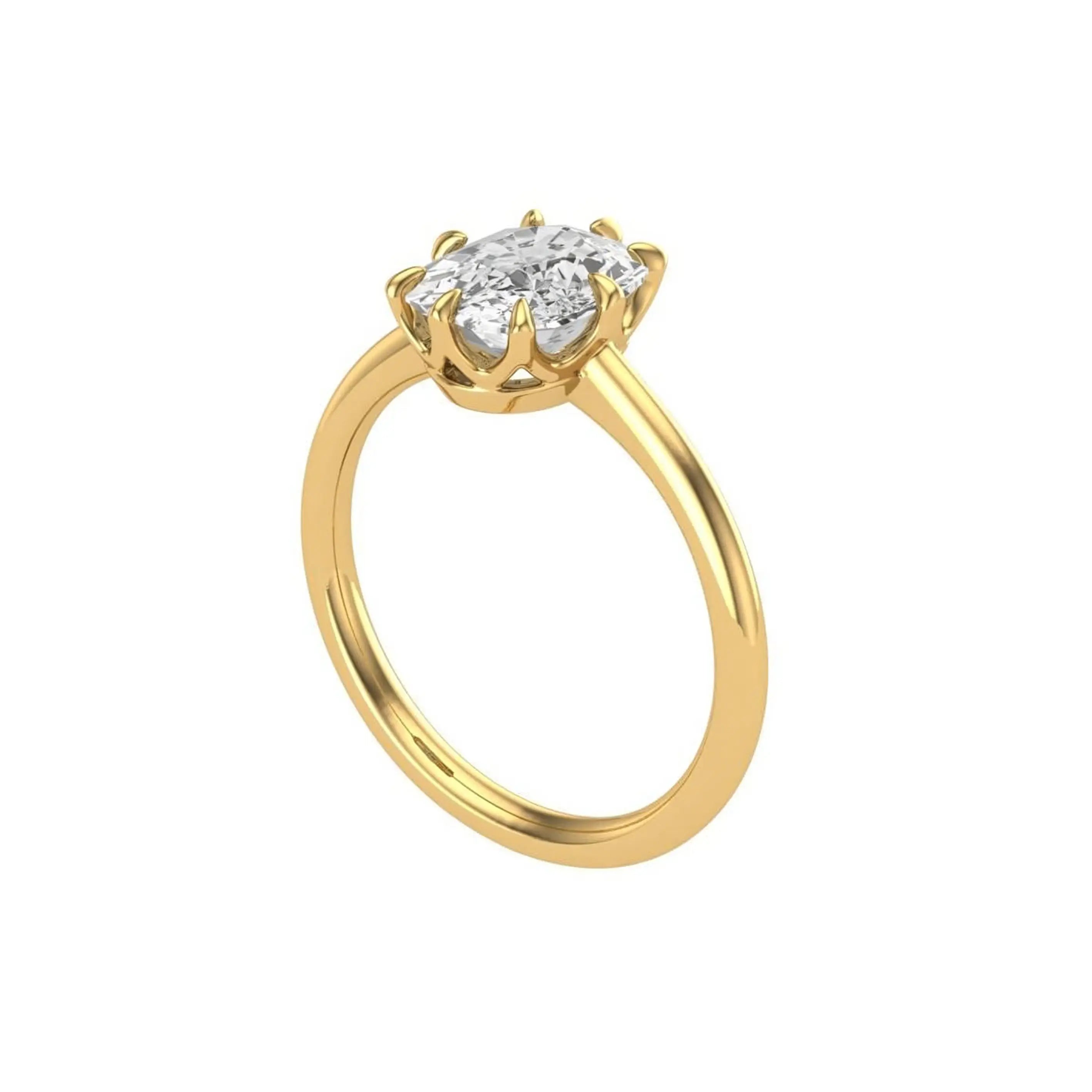 Three quarter view cushion solitaire ring with vintage eight prong crown