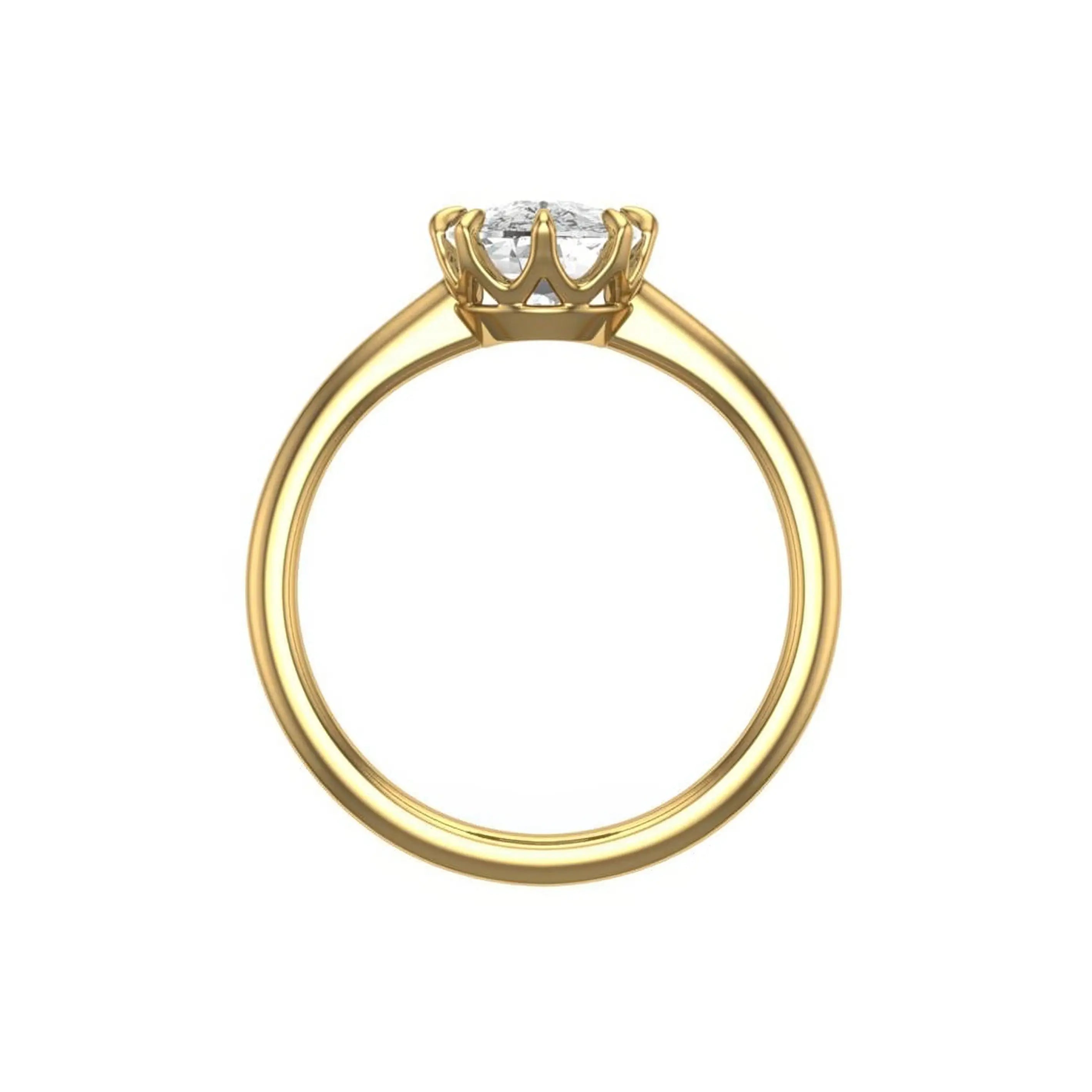 Front profile view showing slim yellow gold band and cushion crown