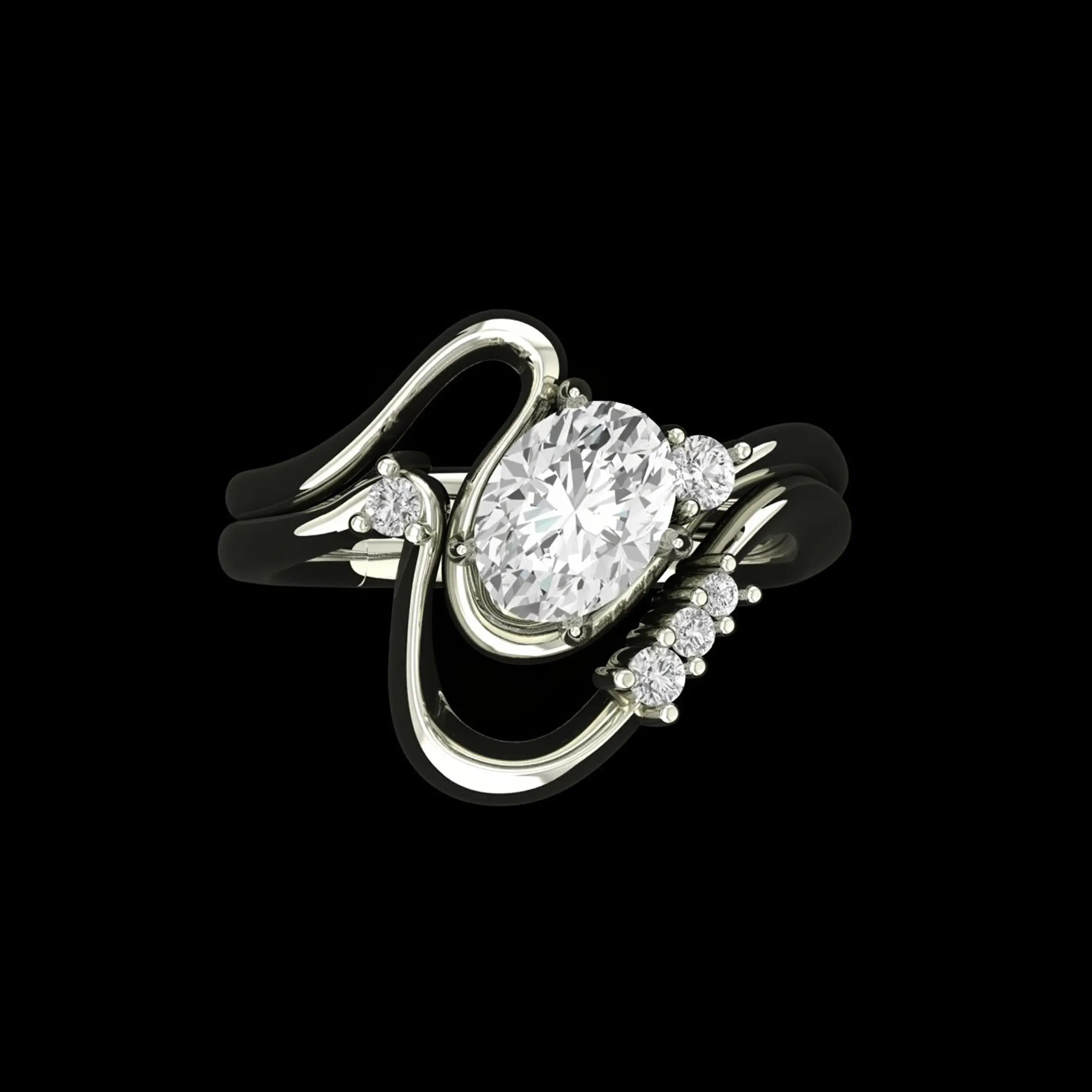 Front view of oval solitaire curved bypass ring set in white gold with accent stones.