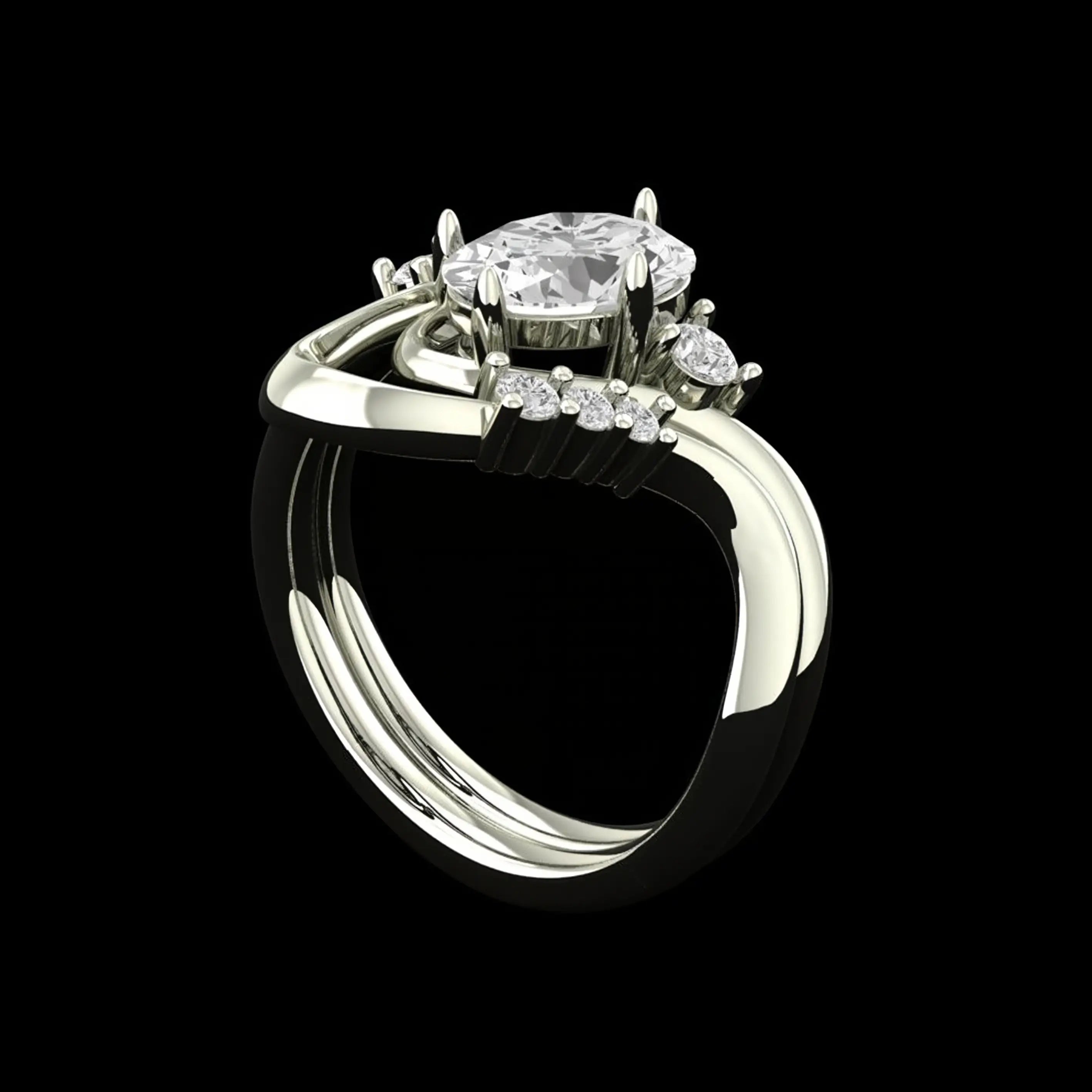 Three quarter side view highlighting sculptural swirl enhancer in white gold.