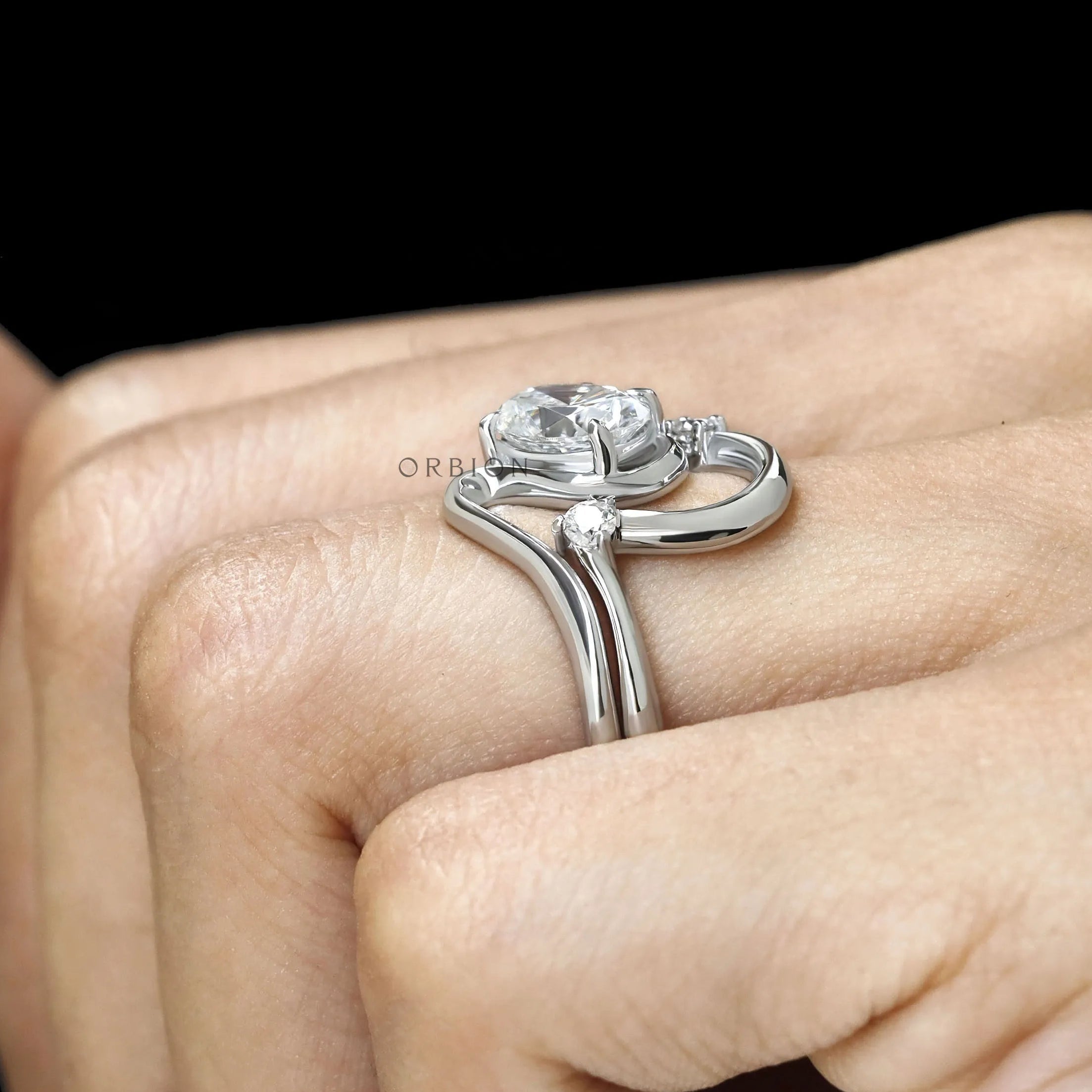 Oval Lab Grown Diamond Curved Wave Bridal Ring Set White Gold
