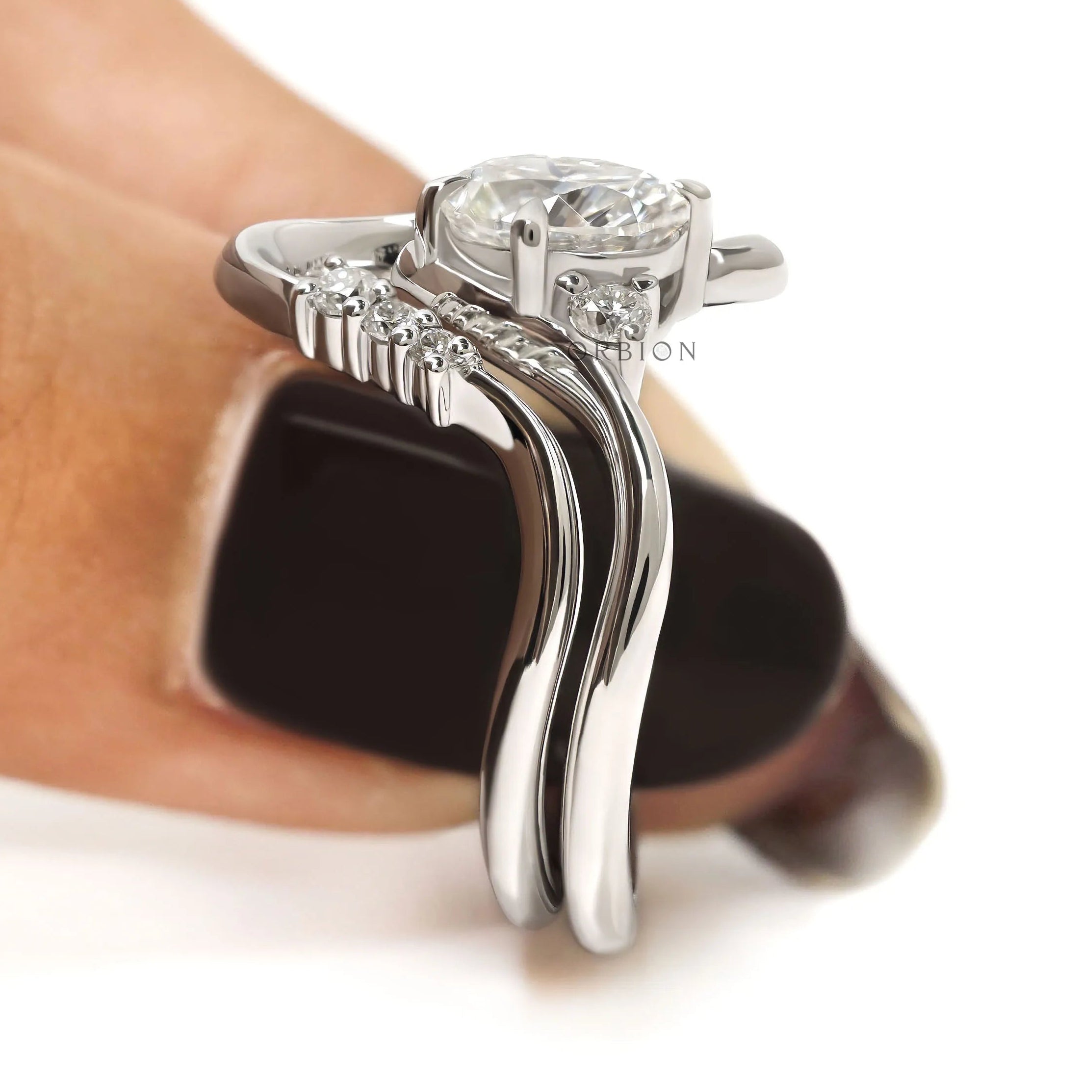 Bypass Style Oval Moissanite or Lab Diamond Ring Set for Engagement and Wedding
