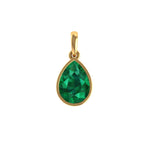Front view of bezel set pear dark green moissanite pendant in yellow gold with polished bail.