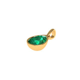 Angled top view displaying brilliant pear facets and polished gold setting.