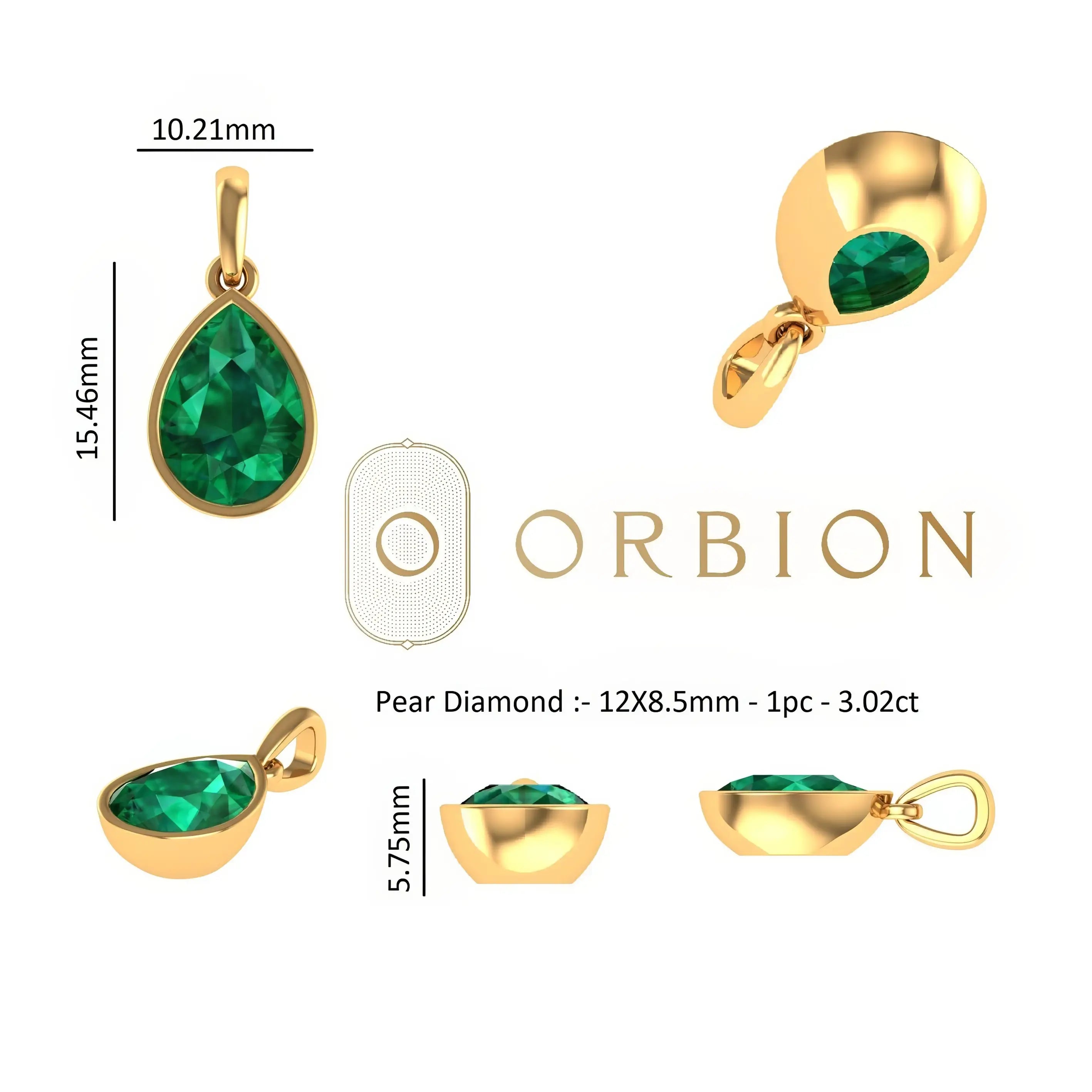 Measurement size chart view showing pendant length, width, height, and stone dimensions.