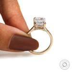 Double prong radiant cut lab diamond ring close up