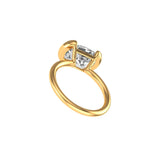 Angled side view of east-west half bezel elongated cushion moissanite ring.