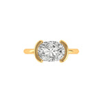 Top view of east-west set elongated cushion Old Mine Cut moissanite.