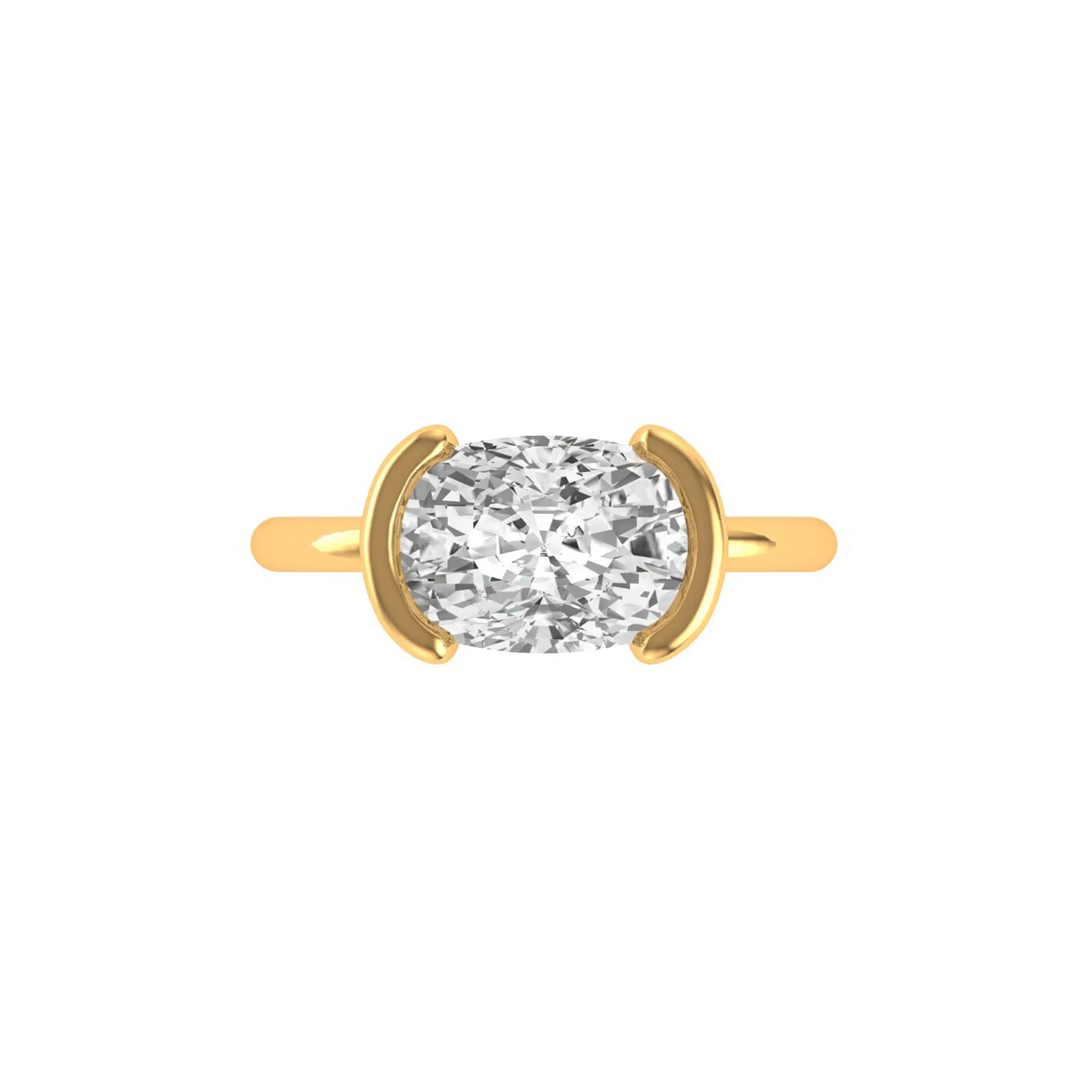 Top view of east-west set elongated cushion Old Mine Cut moissanite.