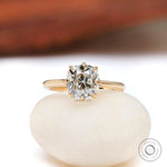 Elongated cushion Old Mine cut lab grown diamond solitaire ring in 18K yellow gold