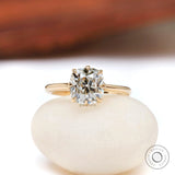 Elongated cushion Old Mine cut lab grown diamond solitaire ring in 18K yellow gold