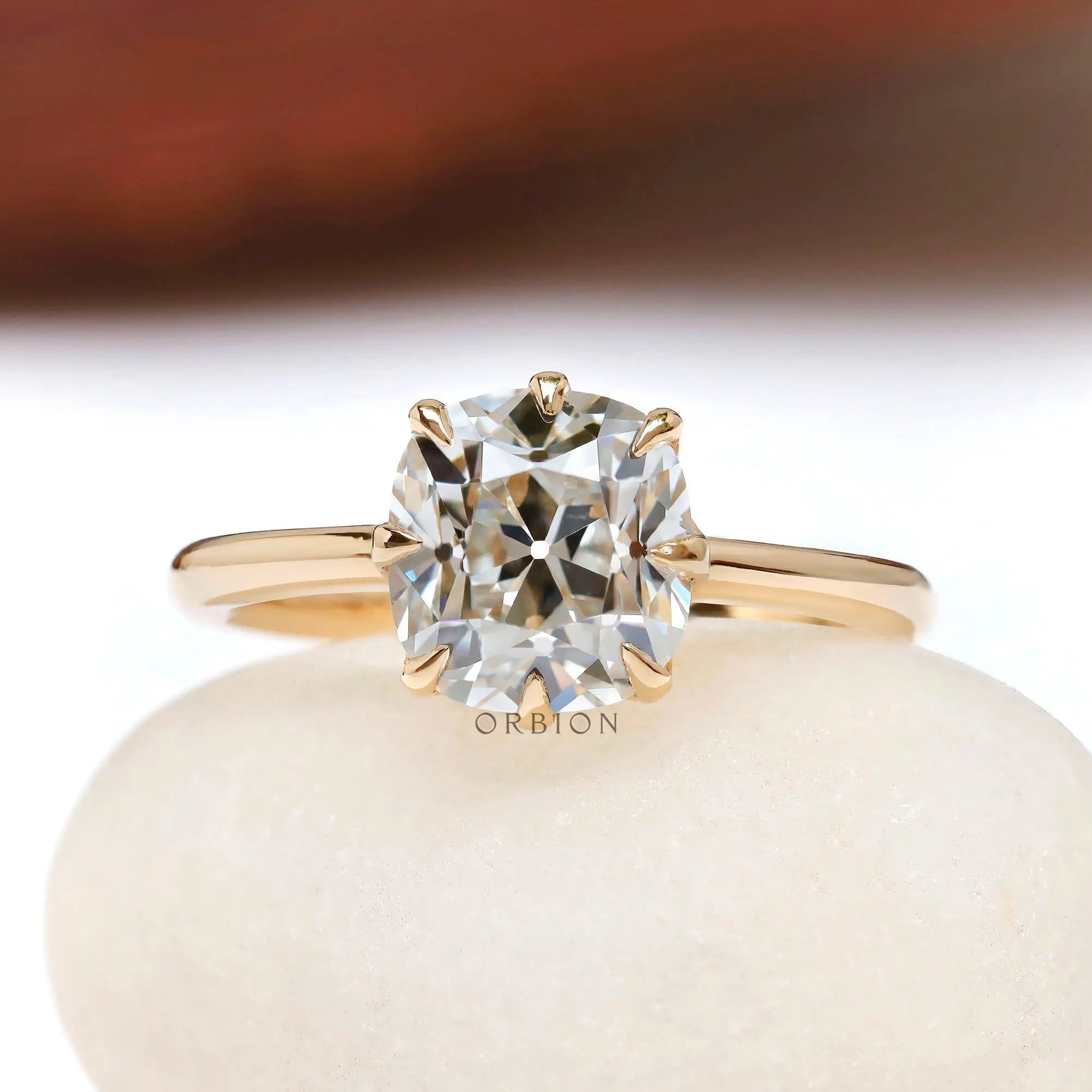 Elongated cushion Old Mine cut lab grown diamond solitaire ring in 18K yellow gold
