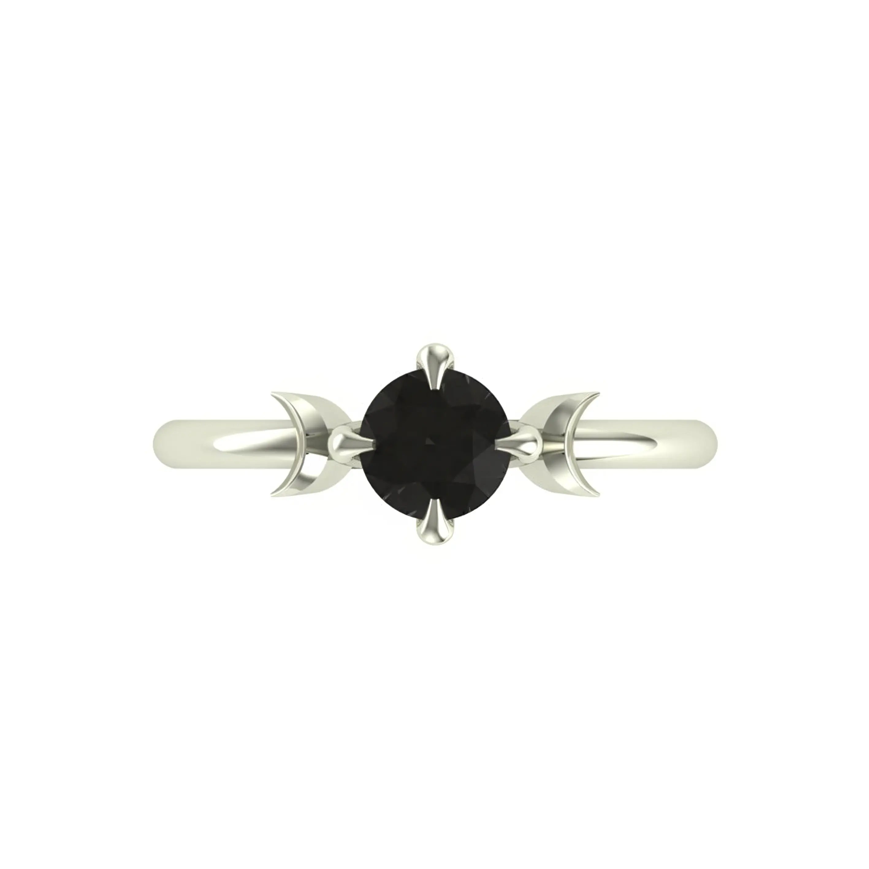 Round black moissanite ring with crescent moon accents, front view.