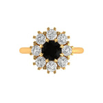 Top view floral cluster halo ring with round black moissanite center.
